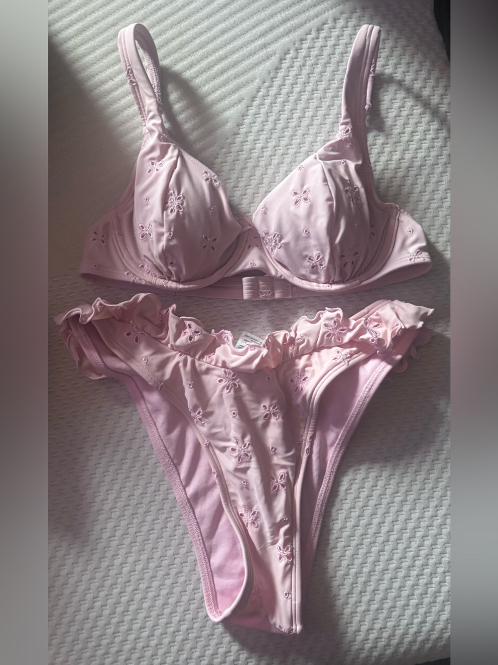 Pink Embroidered Ruffle Bikini Top & Bottom - Women Intimates